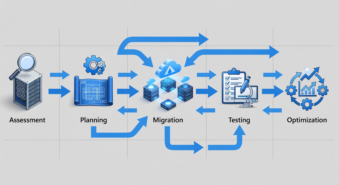 Detailed flowchart illustrating the five-phase Microsoft Azure cloud migration process used by Florida experts, showing assessment, planning, migration, testing, and optimization stages with arrows and key checkpoints.