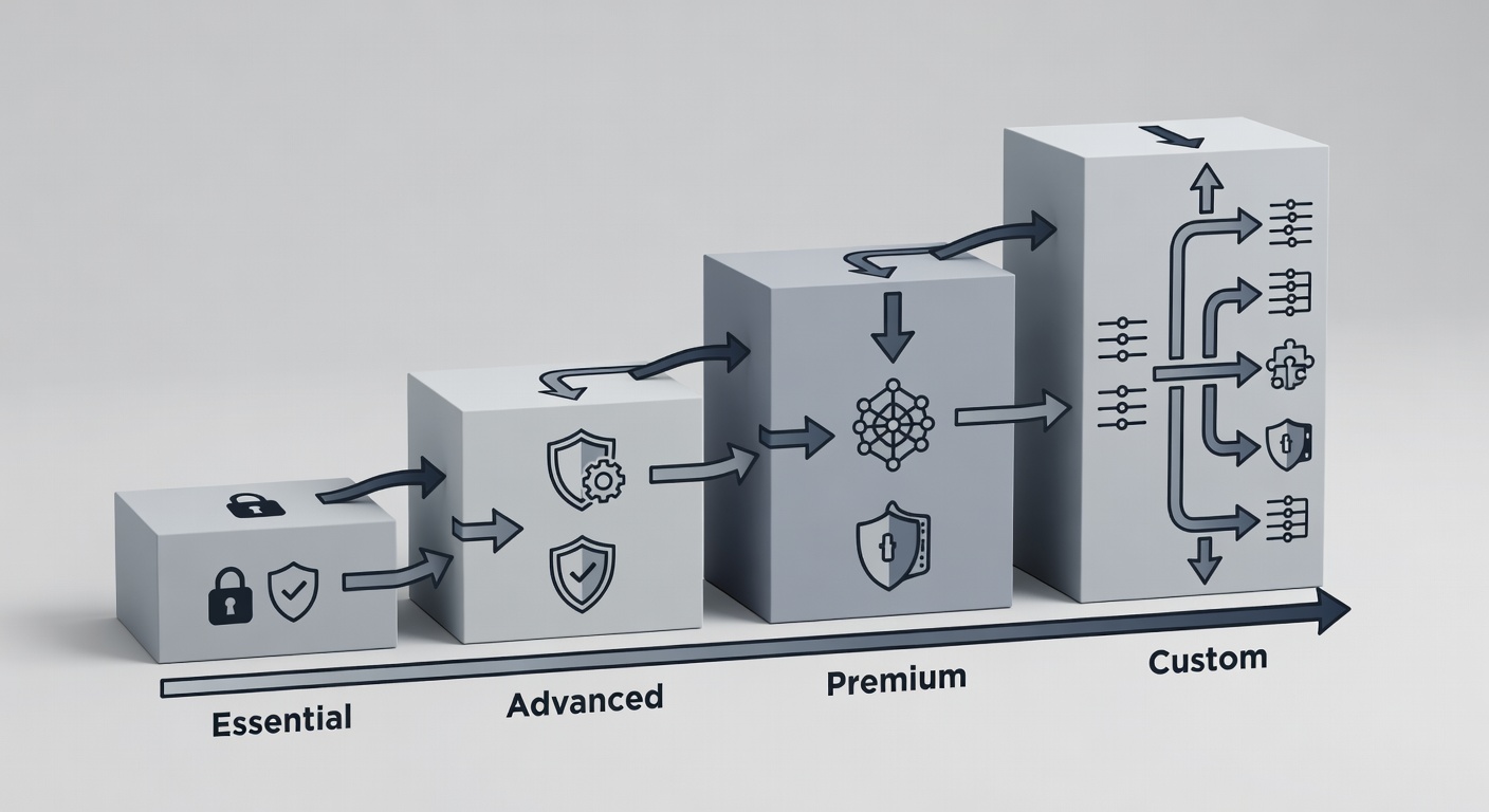 Detailed flowchart illustrating the four IT service package tiers from Essential to Custom, highlighting escalating security, compliance, and support features for Florida businesses