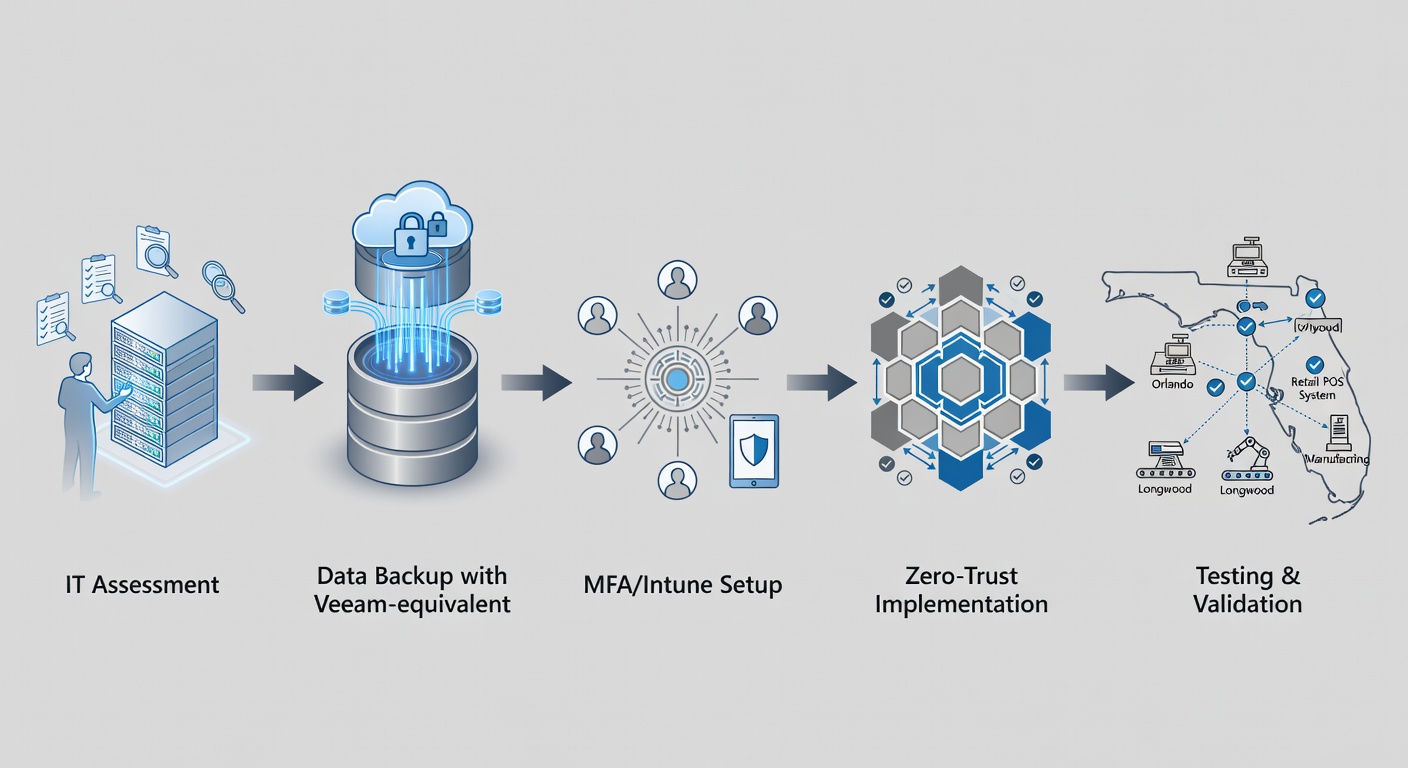 Detailed flowchart of Microsoft Azure cloud migration process for Florida businesses, with steps including IT assessment, data backup with Veeam, MFA/Intune setup, zero-trust implementation, and testing; incorporate Central Florida examples like Orlando retail POS migration and Longwood manufacturing network flows for contextual education.