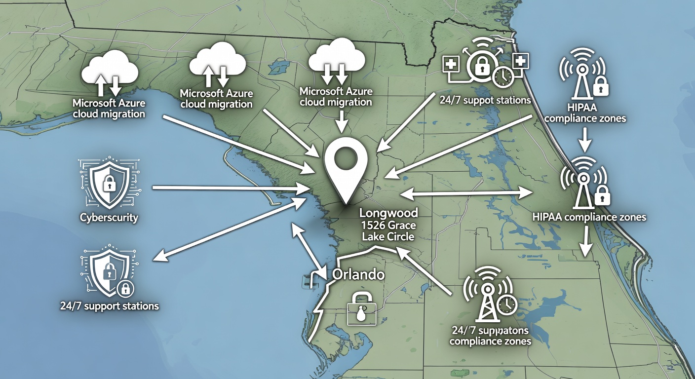 Detailed illustrative map of Central Florida highlighting Longwood at 1526 Grace Lake Circle, Orlando, and surrounding service areas with icons for Microsoft Azure cloud migration, cybersecurity shields, 24/7 support stations, and HIPAA compliance zones for educational localization of IT services in Florida.