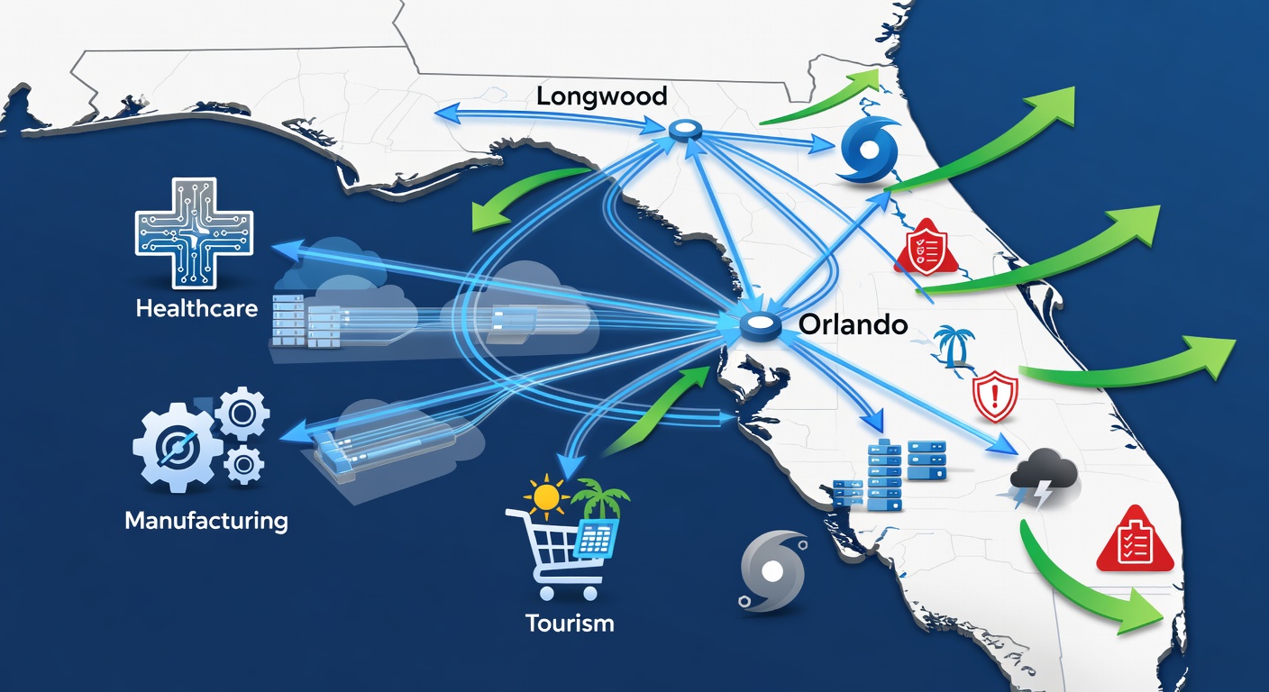 Detailed illustrative map of Central Florida highlighting Orlando and Longwood IT hubs, with icons for key sectors like healthcare, manufacturing, retail, and tourism; connected by network flows showing IT infrastructure dependencies, growth arrows for 2026 projections, and risk icons for hurricanes and compliance. 