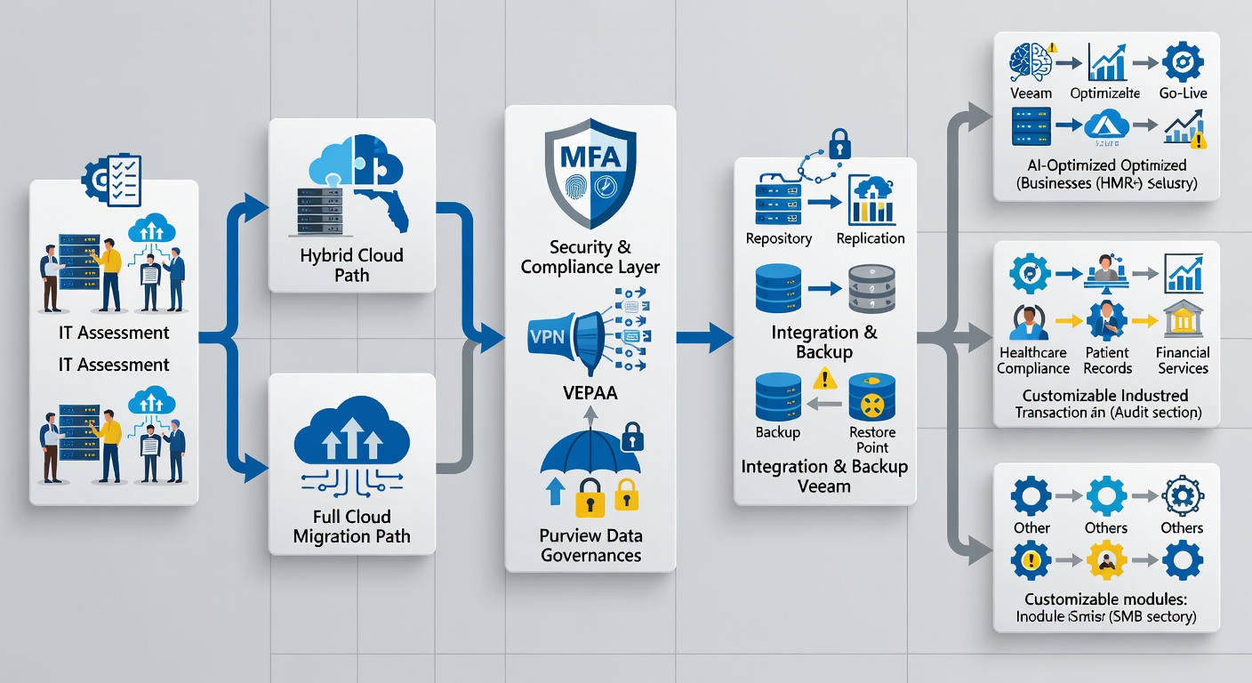 Detailed technical diagram of Microsoft Azure migration flowchart for Florida SMBs: sequential stages from IT assessment to AI-optimized go-live, branching hybrid/full paths, security icons for MFA/VPN/Purview, Veeam integration, and Florida industry examples like healthcare compliance flows.