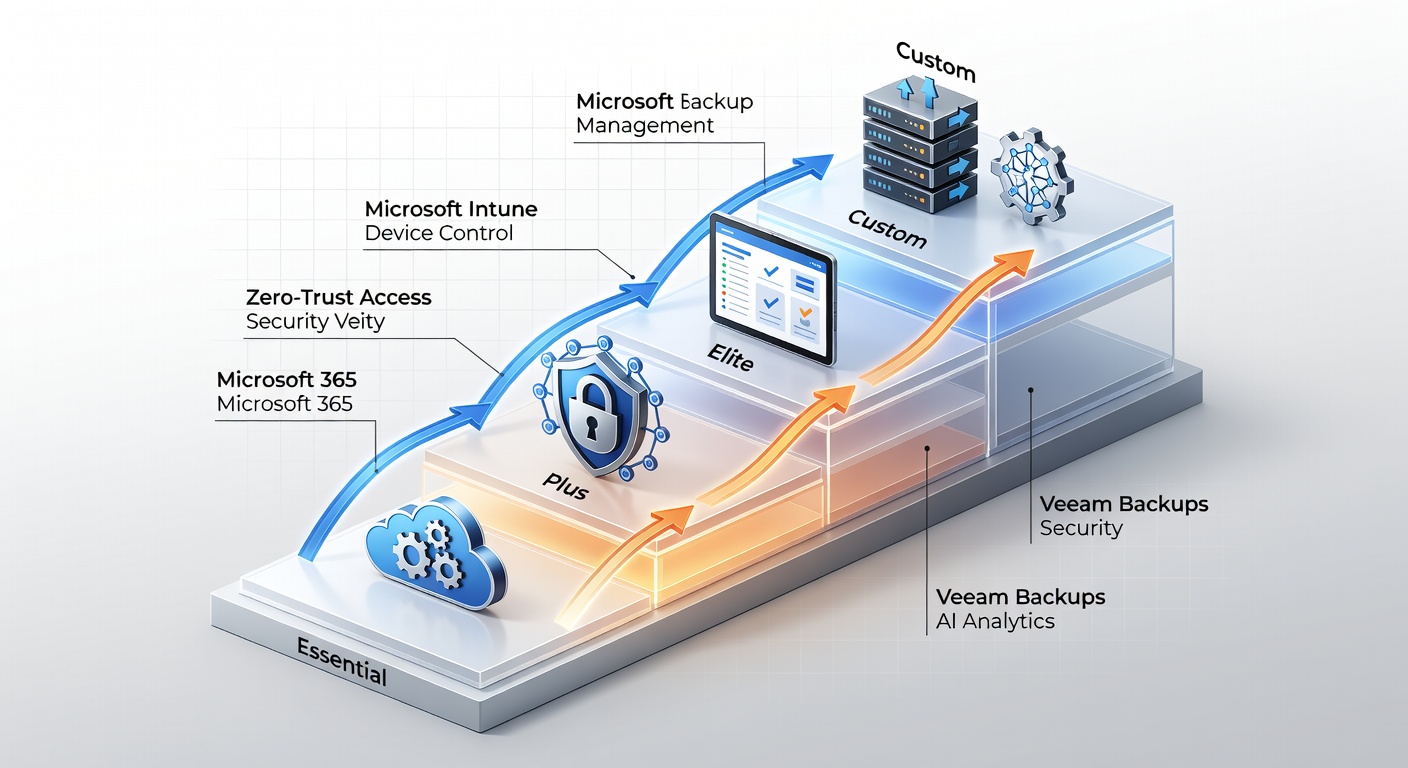 Educational diagram comparing four IT service tiers (Essential, Elite, Plus, Custom) with icons for Microsoft 365, Zero-Trust Access, Microsoft Intune, Veeam backups, and AI analytics arranged vertically by increasing capability.