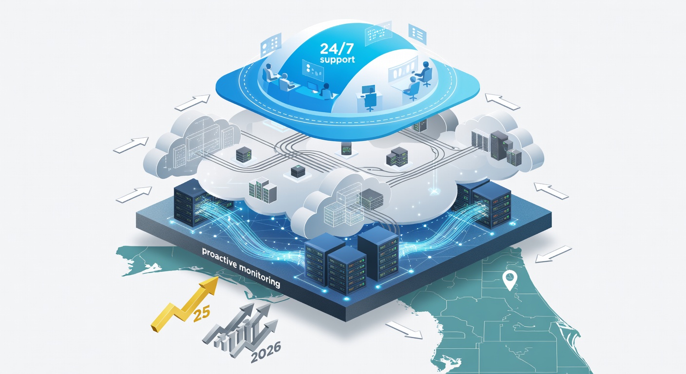 Educational diagram illustrating Florida IT ecosystem layers—proactive monitoring base, cloud infrastructure middle, 24/7 support top—with Central Florida map pinpointing Longwood/Orlando, icons for 25-year track record, and upward growth arrows projecting 2026 scalability.