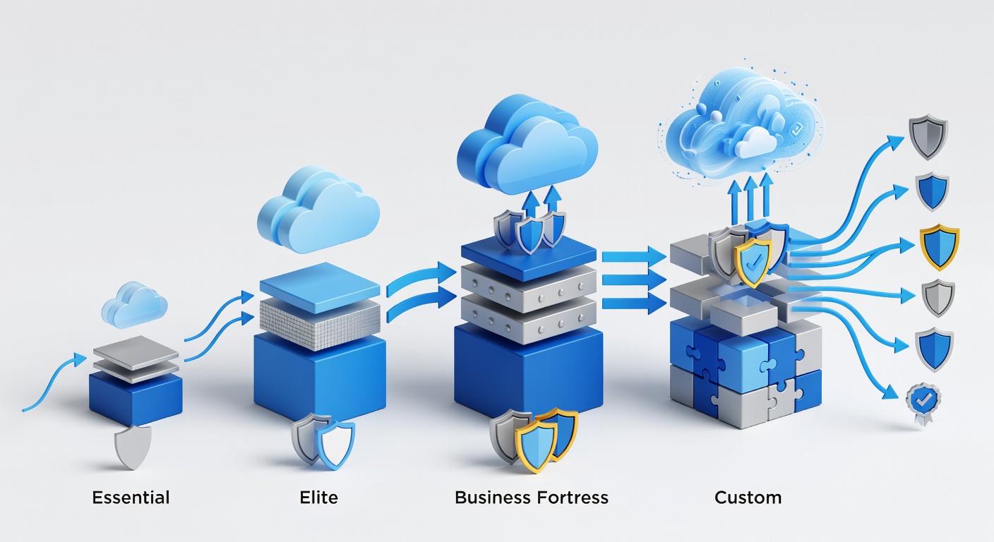 Educational diagram illustrating four ascending service tiers of Fox Computer Solutions with layered security icons, cloud migration flows, compliance badges, and support levels shown in clean columns for Essential, Elite, Business Fortress, and Custom.