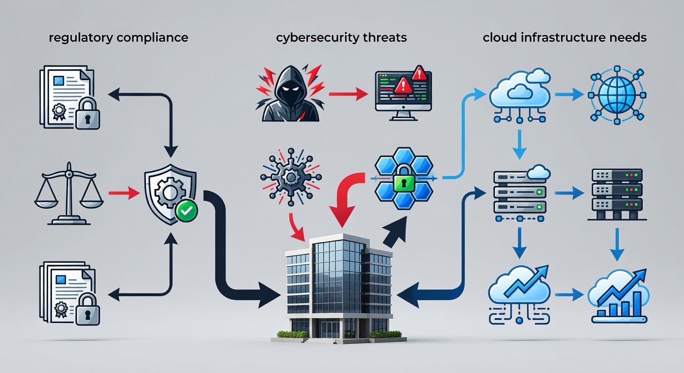 Educational diagram illustrating key IT challenges for Florida businesses in 2026, including regulatory compliance, cybersecurity threats, and cloud infrastructure needs with labeled icons and flow arrows showing risk mitigation paths