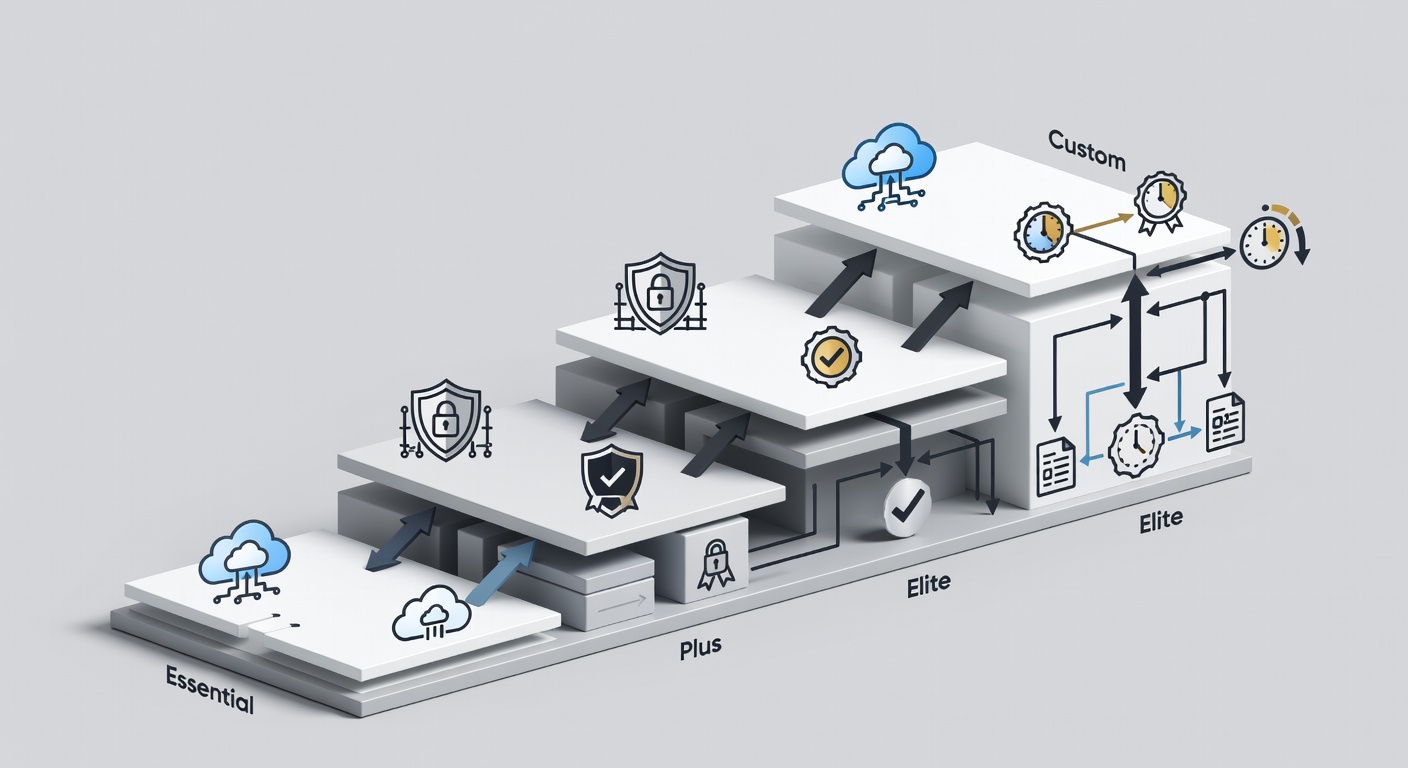 Educational diagram illustrating the 2026 IT service tiers comparison for Fox Computer Solutions, showing Essential, Elite, Plus, and Custom packages as ascending levels with icons representing cloud services, security layers, compliance features, and support response times in a clear vertical flowchart style