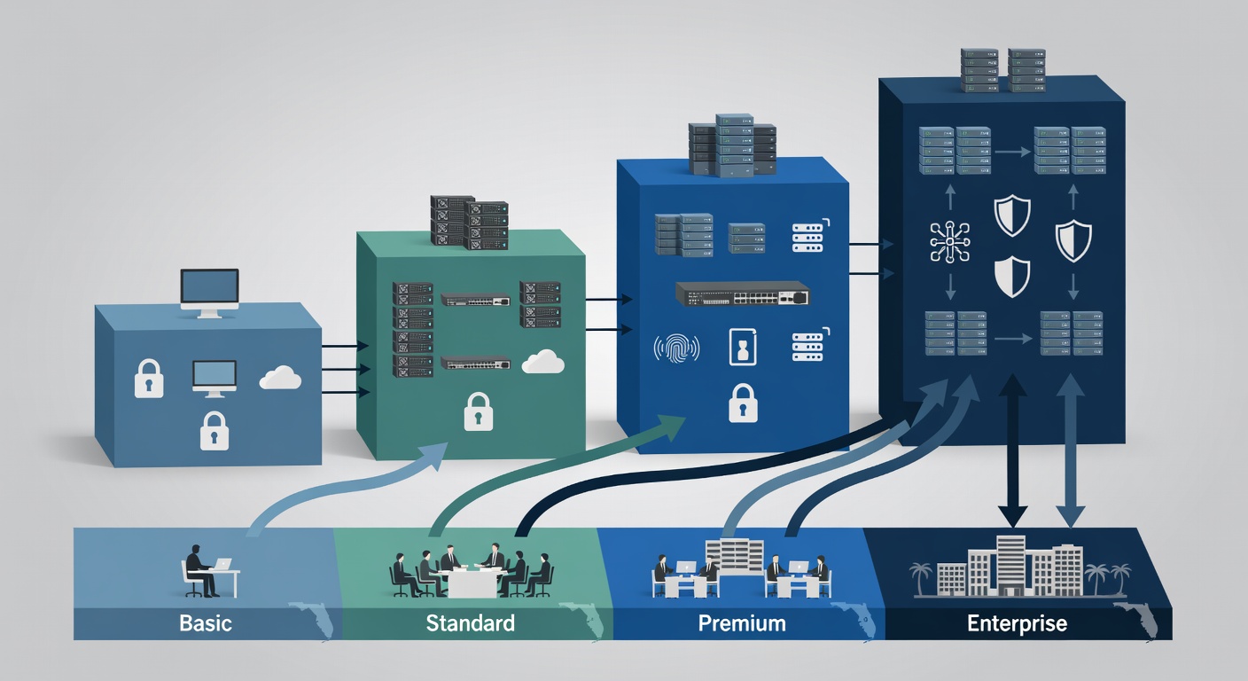 Educational diagram illustrating the four IT service package tiers with key features, security levels, and recommended business sizes for Florida companies in 2026
