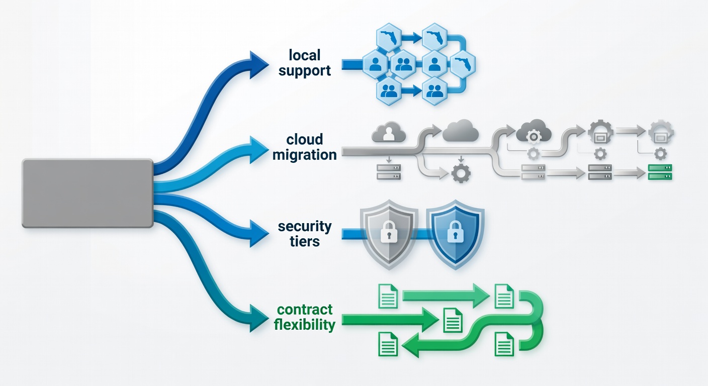 Educational diagram showing a flowchart of key evaluation criteria for Florida IT companies including local support, cloud migration, security tiers, and contract flexibility for small businesses