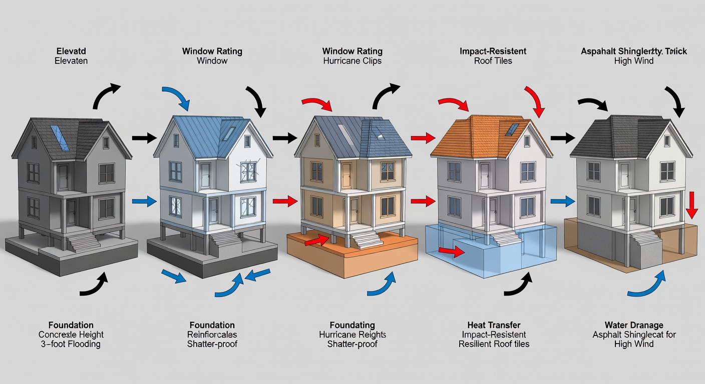 Educational diagram showing a side-by-side comparison of five Florida house plans with key climate-resilient features highlighted for each model including foundation height, window ratings, and roof materials