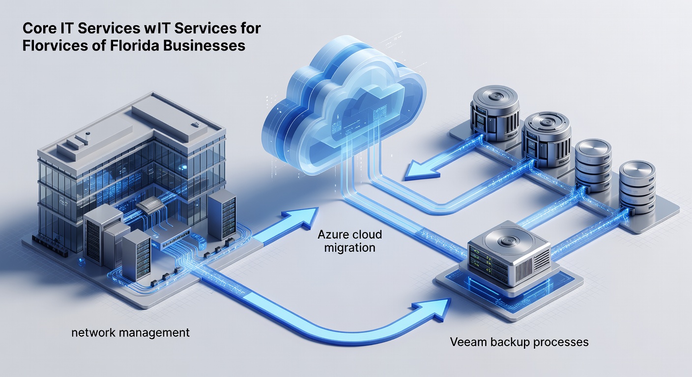 Educational diagram showing the flow of core IT services including network management, Azure cloud migration, and Veeam backup processes for Florida businesses