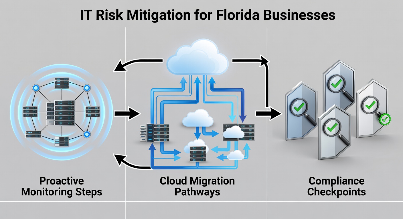 Educational diagram showing the flow of IT risk mitigation for Florida businesses, including proactive monitoring steps, cloud migration pathways, and compliance checkpoints in a clear process chart.