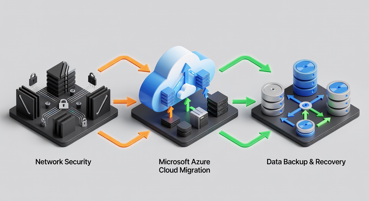 Educational diagram showing the three core components of Longwood Florida IT services: Network Security on the left, Microsoft Azure Cloud Migration in the center, and Data Backup & Recovery on the right, connected by arrows indicating integration and protection flow
