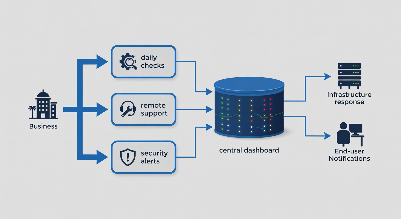 Educational diagram showing the workflow of proactive IT monitoring for Florida businesses, including daily checks, remote support, and security alerts flowing to a central dashboard
