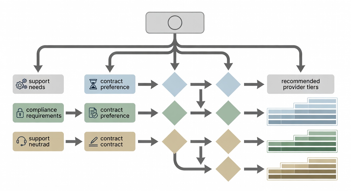 Educational flowchart diagram illustrating the decision process for selecting an IT company in Florida, with decision boxes for support needs, compliance requirements, contract preference, and recommended provider tiers