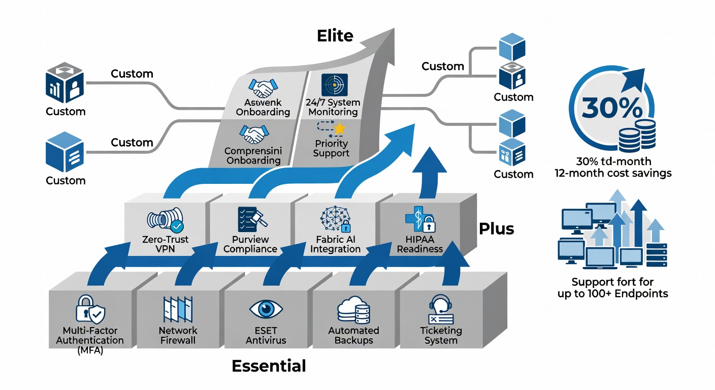 Flowchart detailing Fox Computer Solutions' tiered IT service packages progression for Florida businesses, starting from Essential (MFA, firewall, ESET, backups, ticketing), stacking to Elite (onboarding, monitoring, priority support), Plus Fortress (Zero-Trust VPN, Purview compliance, Fabric AI, HIPAA), and Custom branches, with icons for 30% 12-month savings and device scaling up to 100+.