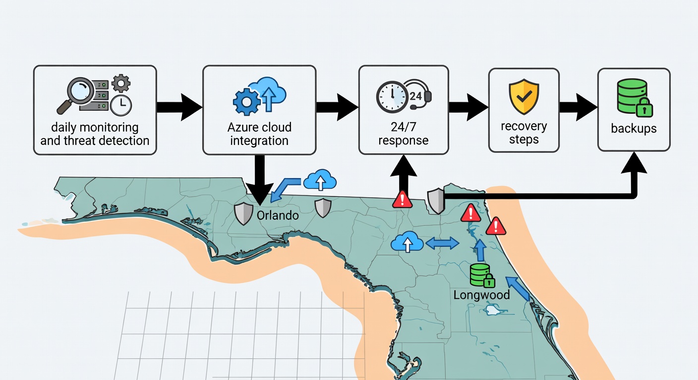 Flowchart diagram illustrating proactive IT support process for Florida businesses, from daily monitoring and threat detection through Azure cloud integration to 24/7 response, overlaid on a Central Florida map marking Orlando, Longwood, and hurricane-prone zones with icons for firewalls, backups, and recovery steps.