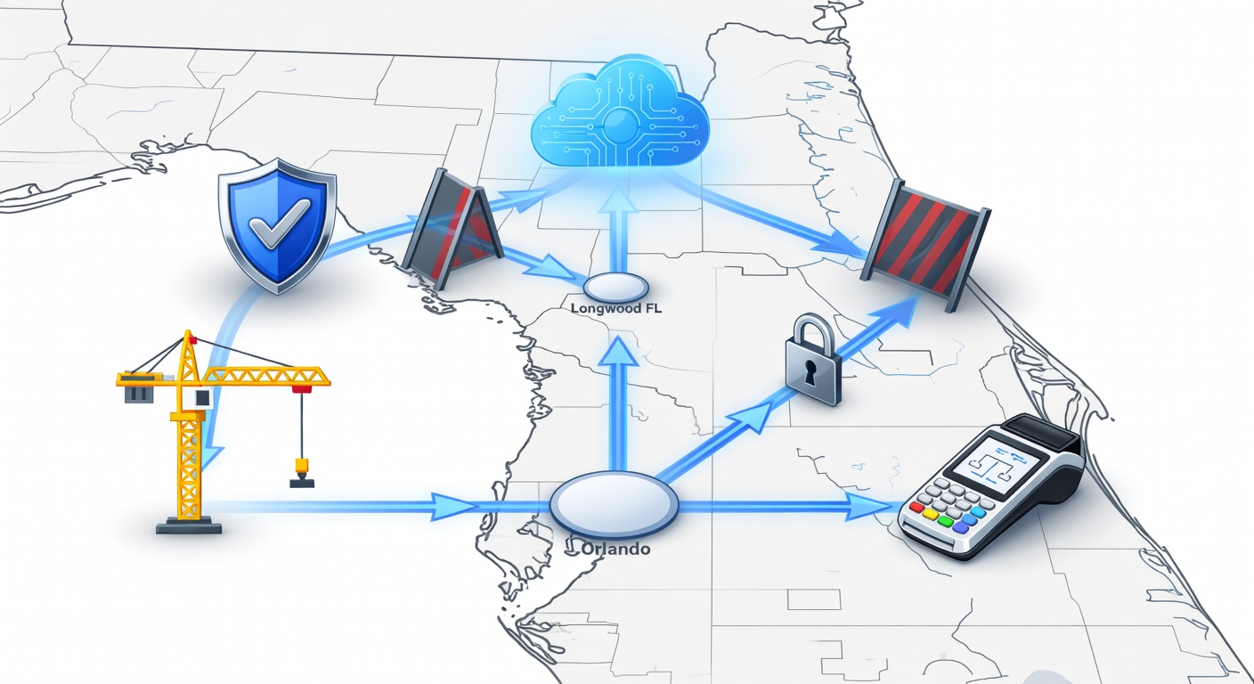 Illustrative diagram of Central Florida map highlighting Orlando, Longwood FL, and surrounding areas with layered icons for SMB industries (healthcare HIPAA shield, construction crane, retail POS), connected via Azure cloud migration paths and cybersecurity barriers for educational visualization of regional IT infrastructure needs.