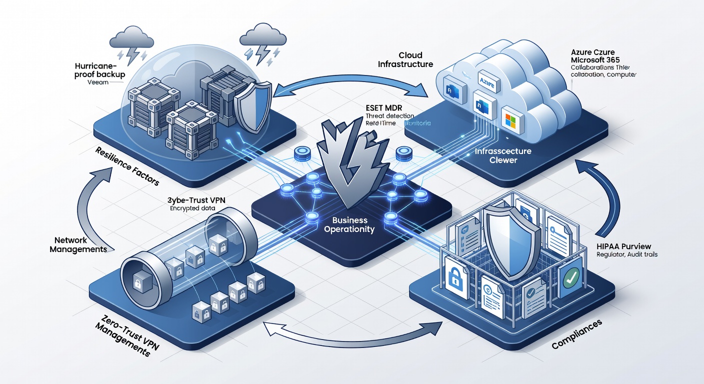 Illustrative diagram of the IT ecosystem for Florida businesses in 2026, featuring interconnected layers for cybersecurity (firewall, ESET MDR), cloud infrastructure (Azure, Microsoft 365), network management (Zero-Trust VPN), compliance (HIPAA Purview), and resilience factors like hurricane-proof backups with Veeam, labeled for Central Florida SMEs.