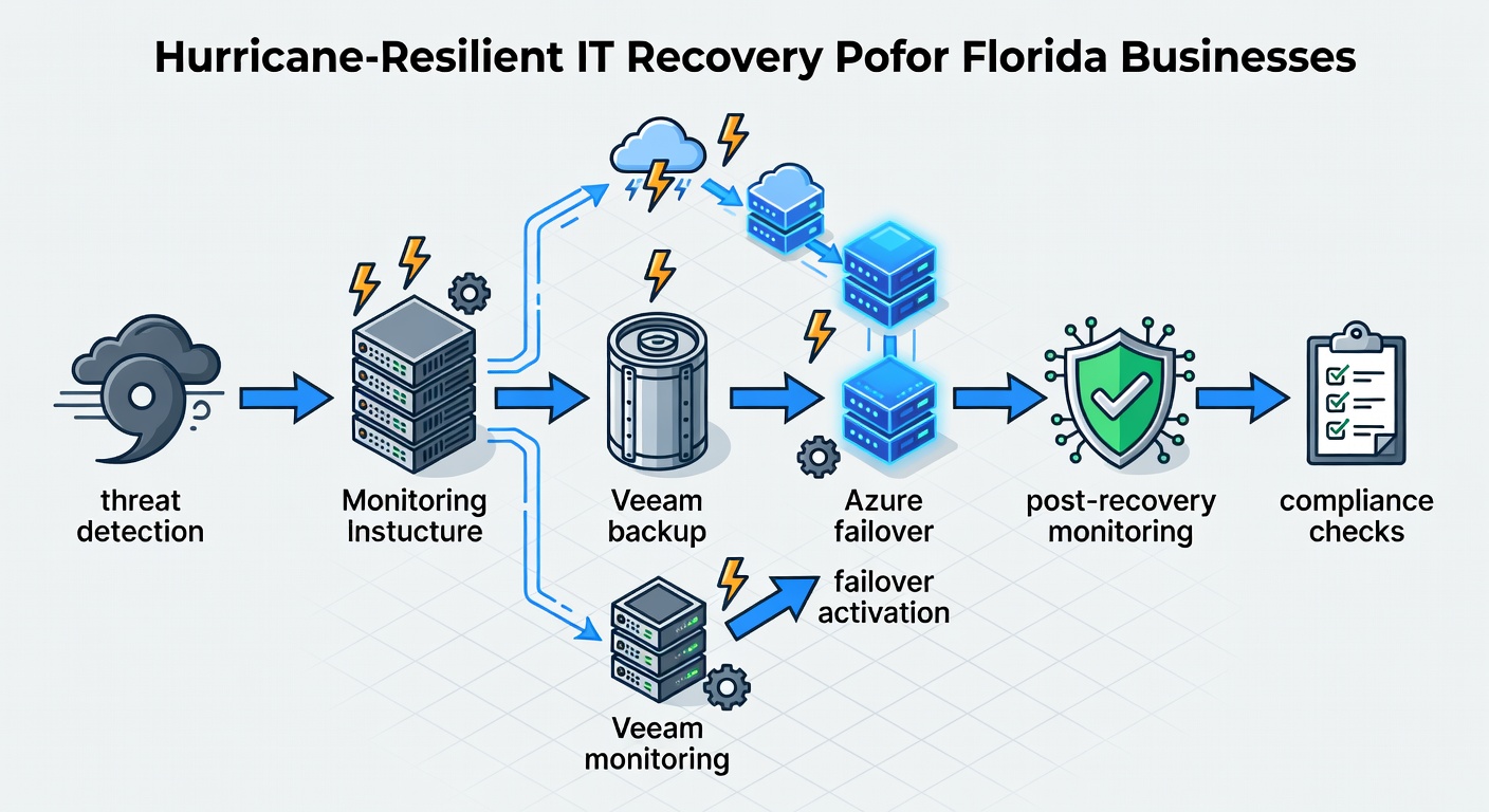 Illustrative flowchart diagram showing hurricane-resilient IT recovery process for Florida businesses: from threat detection via ESET to Veeam backup restoration, Azure failover activation, and post-recovery monitoring steps, with icons for storms, data flows, and compliance checks.