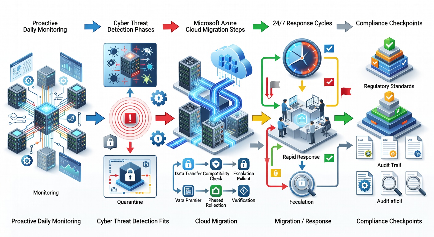 Illustrative flowchart diagram showing the complete IT support lifecycle for Florida businesses, including proactive daily monitoring, cyber threat detection phases, Microsoft Azure cloud migration steps, 24/7 response cycles, and compliance checkpoints with labeled icons and arrows for each stage.