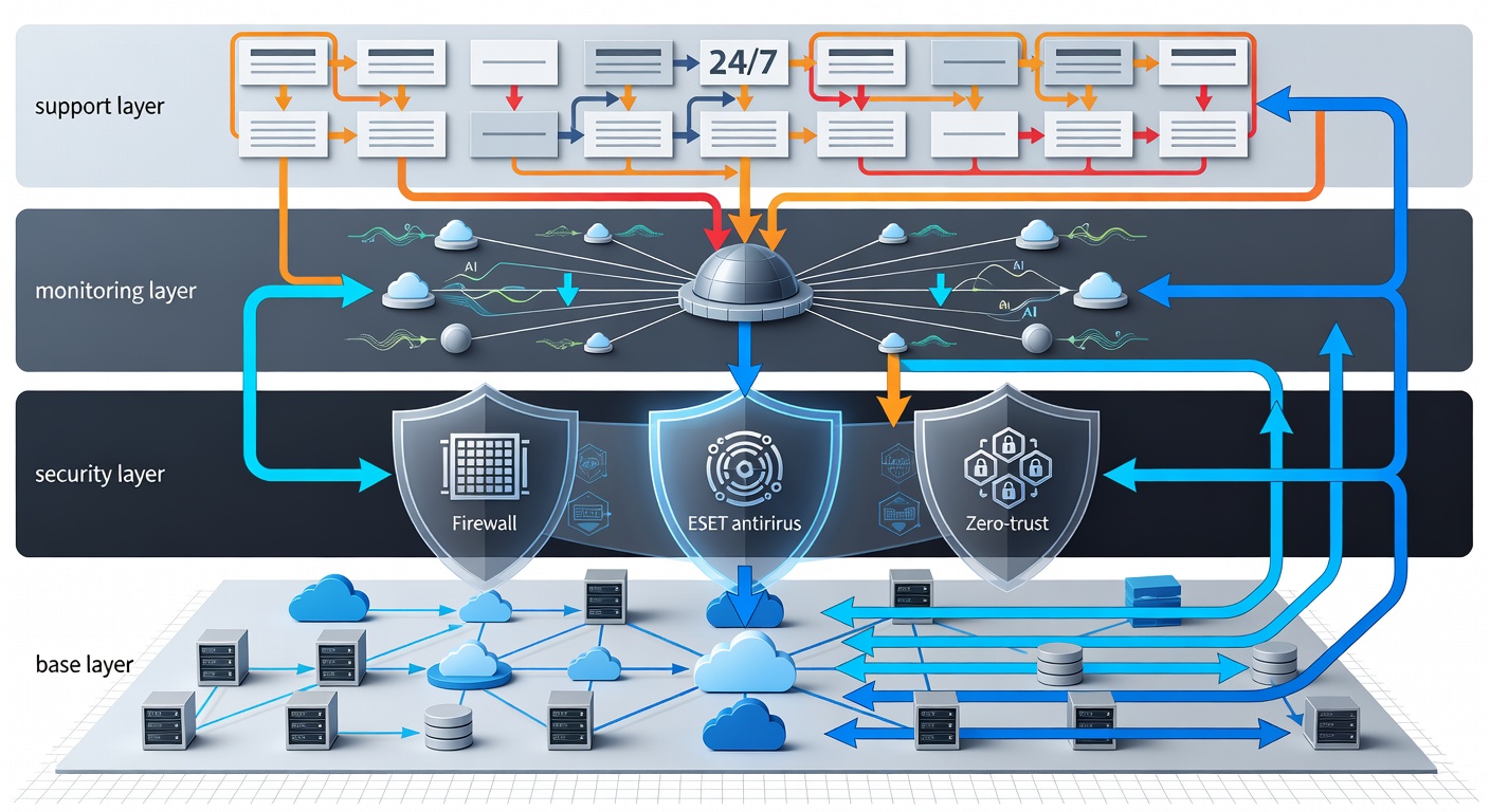 Illustrative layered diagram of a complete IT ecosystem for Florida businesses, depicting base layer (Microsoft Azure cloud infrastructure), security layer (firewall, ESET antivirus, zero-trust gates), monitoring layer (AI analytics), and support layer (24/7 ticketing), with directional arrows showing data flow, protection barriers, and recovery paths.