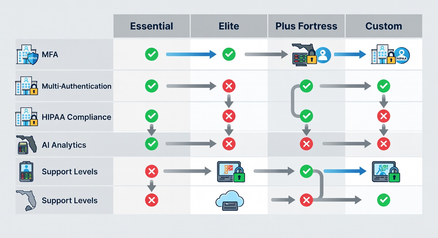 Side-by-side matrix diagram comparing Fox IT packages for Florida businesses, with columns for Essential, Elite, Plus Fortress, Custom; rows for features like MFA, HIPAA, AI analytics, support levels; icons, checkmarks, and Florida industry examples (healthcare, retail) for visual clarity.