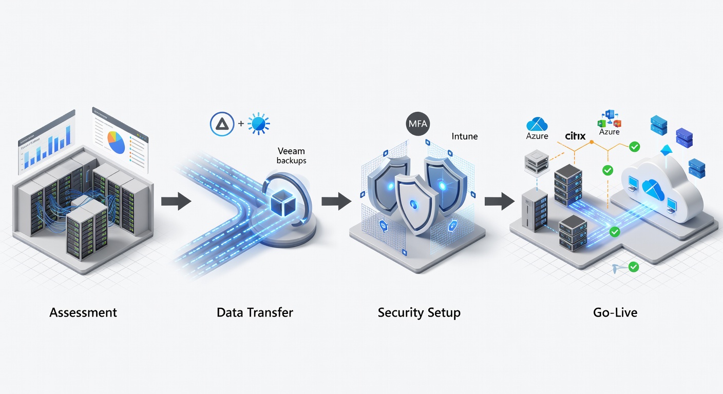 Step-by-step flowchart of Microsoft Azure cloud migration process for Florida businesses, starting from assessment (current IT audit), through data transfer (Veeam backups), security setup (MFA/Intune), to go-live (hybrid/full activation) with checkpoints and tool icons for Azure, 365, and Citrix integration.