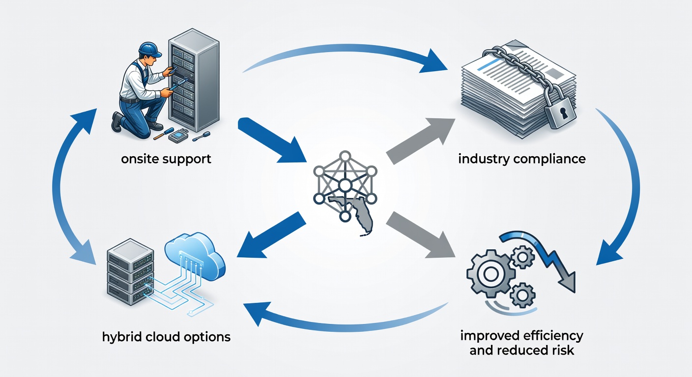 Structural diagram showing benefits of local Central Florida IT expertise, with icons for onsite support, industry compliance, hybrid cloud options, and arrows indicating improved efficiency and reduced risk for SMEs and regulated sectors