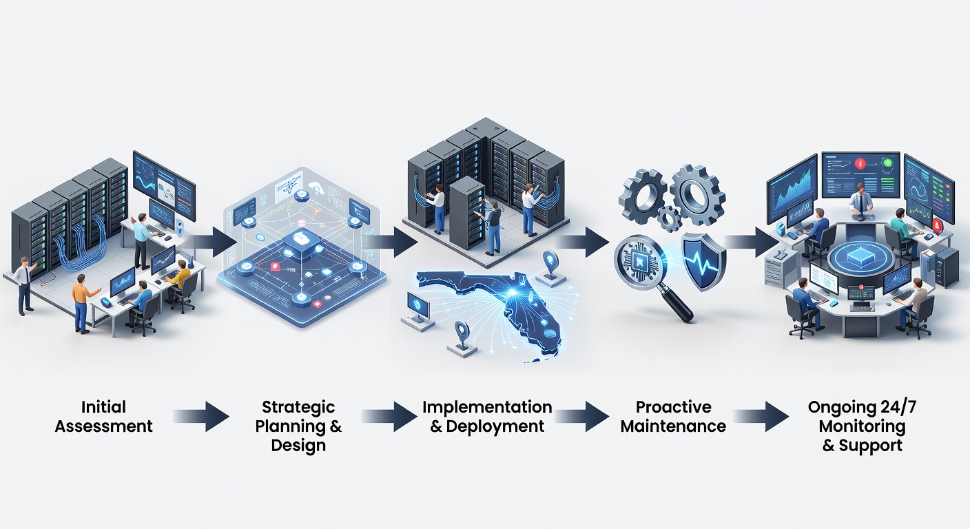 Structural flowchart illustrating the managed IT services process from initial assessment through ongoing 24/7 monitoring and support for Florida clients