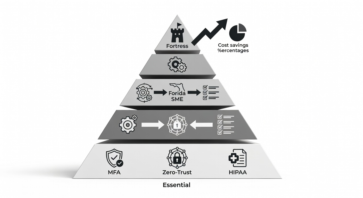 Structured comparison infographic of Fox service packages as a pyramid chart, progressing from Essential base to Fortress apex, with icons and checklists for features like MFA, Zero-Trust, HIPAA, and cost savings percentages, labeled for Florida SME scalability.