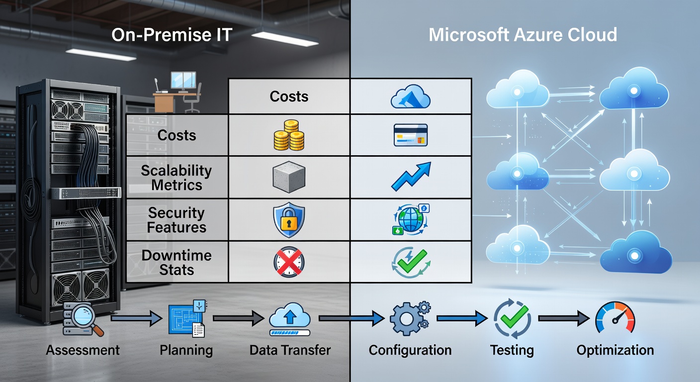 Structured comparison table diagram contrasting on-premise IT versus Microsoft Azure cloud for Florida SMBs, with columns for costs, scalability metrics, security features, downtime stats, and a step-by-step migration flowchart overlaid.