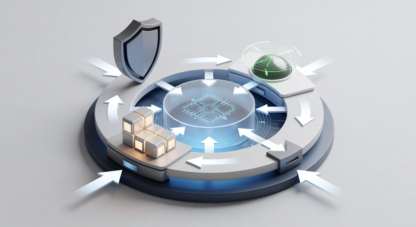 Structured diagram illustrating layered security model with firewall, antivirus, backup, and compliance monitoring components connected in a secure network flow for Florida companies
