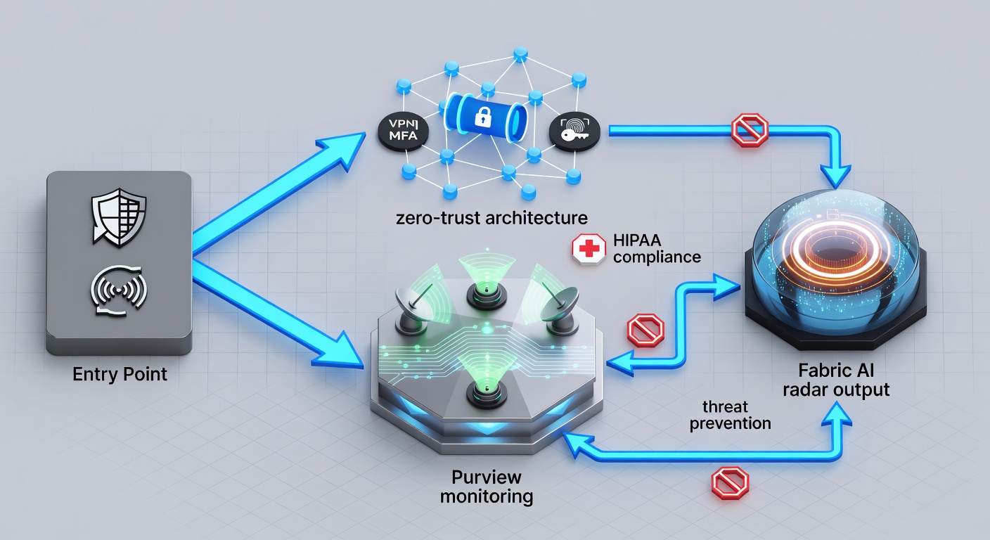 Structured flowchart of Florida cybersecurity stack—starting with firewall/antivirus entry, branching to zero-trust VPN/MFA, Purview monitoring hub, Fabric AI radar output—with icons for HIPAA compliance and threat prevention paths labeled for Central Florida businesses.