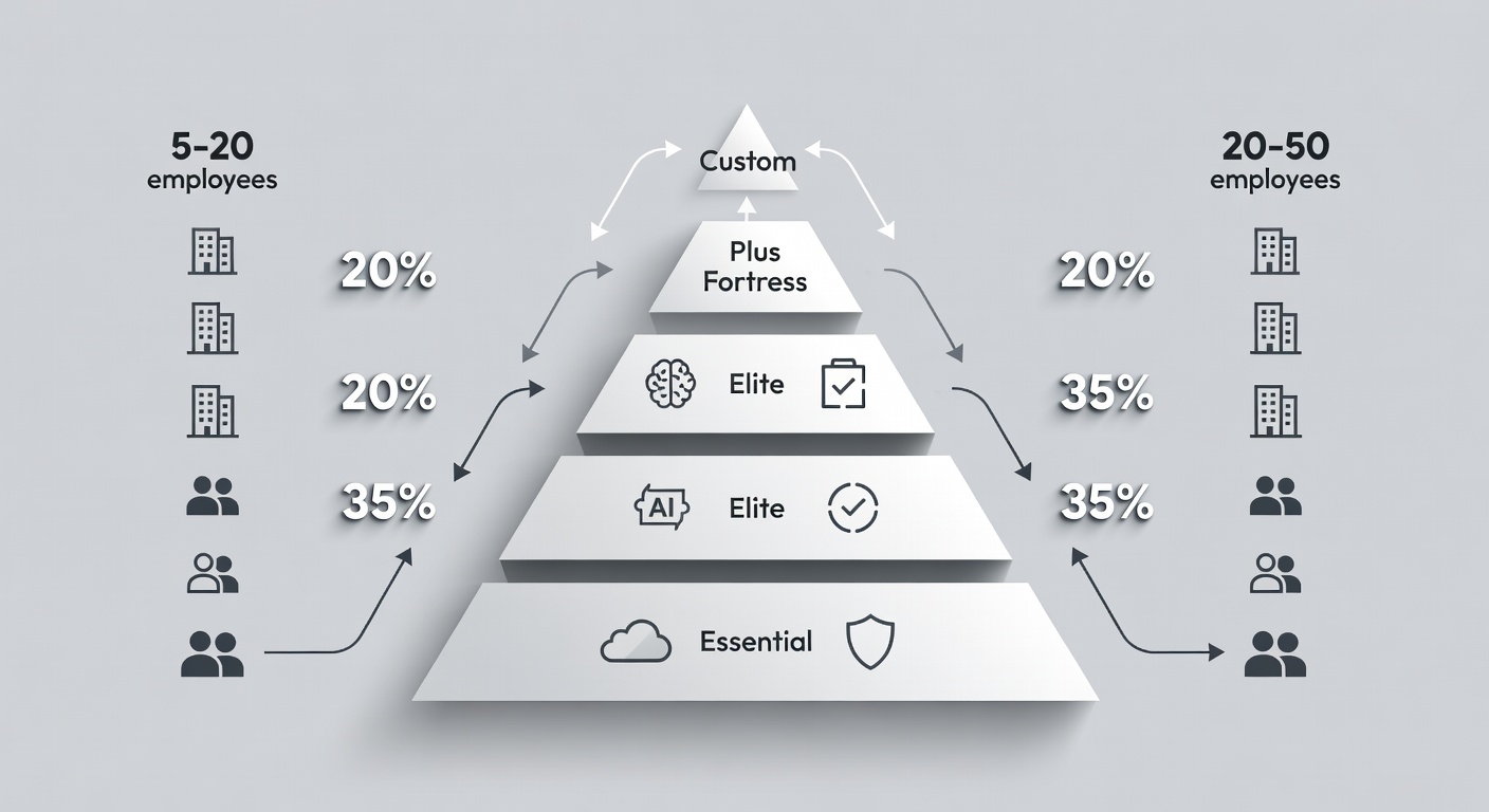 Structured pyramid diagram of Fox service packages (Essential base, Elite mid, Plus Fortress top, Custom flexible), with feature icons (cloud for Azure, shield for firewall, AI brain for Fabric, checkmark for HIPAA), columns for Florida business sizes (5-20, 20-50 employees), savings percentages, and dependency arrows showing tier progression.