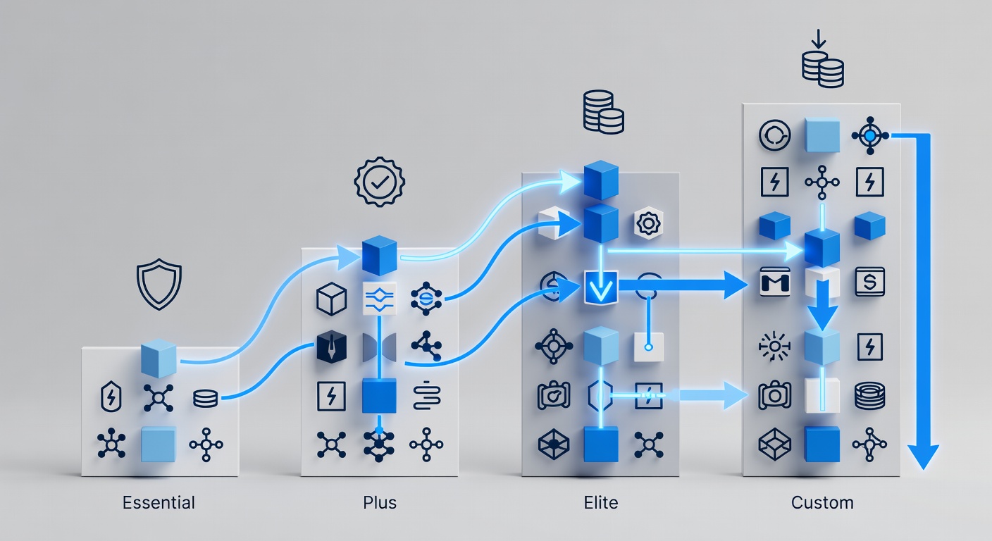 Tiered comparison flowchart with icons for security layers, compliance badges, and contract savings showing Essential, Elite, Plus, and Custom packages from Fox Computer Solutions
