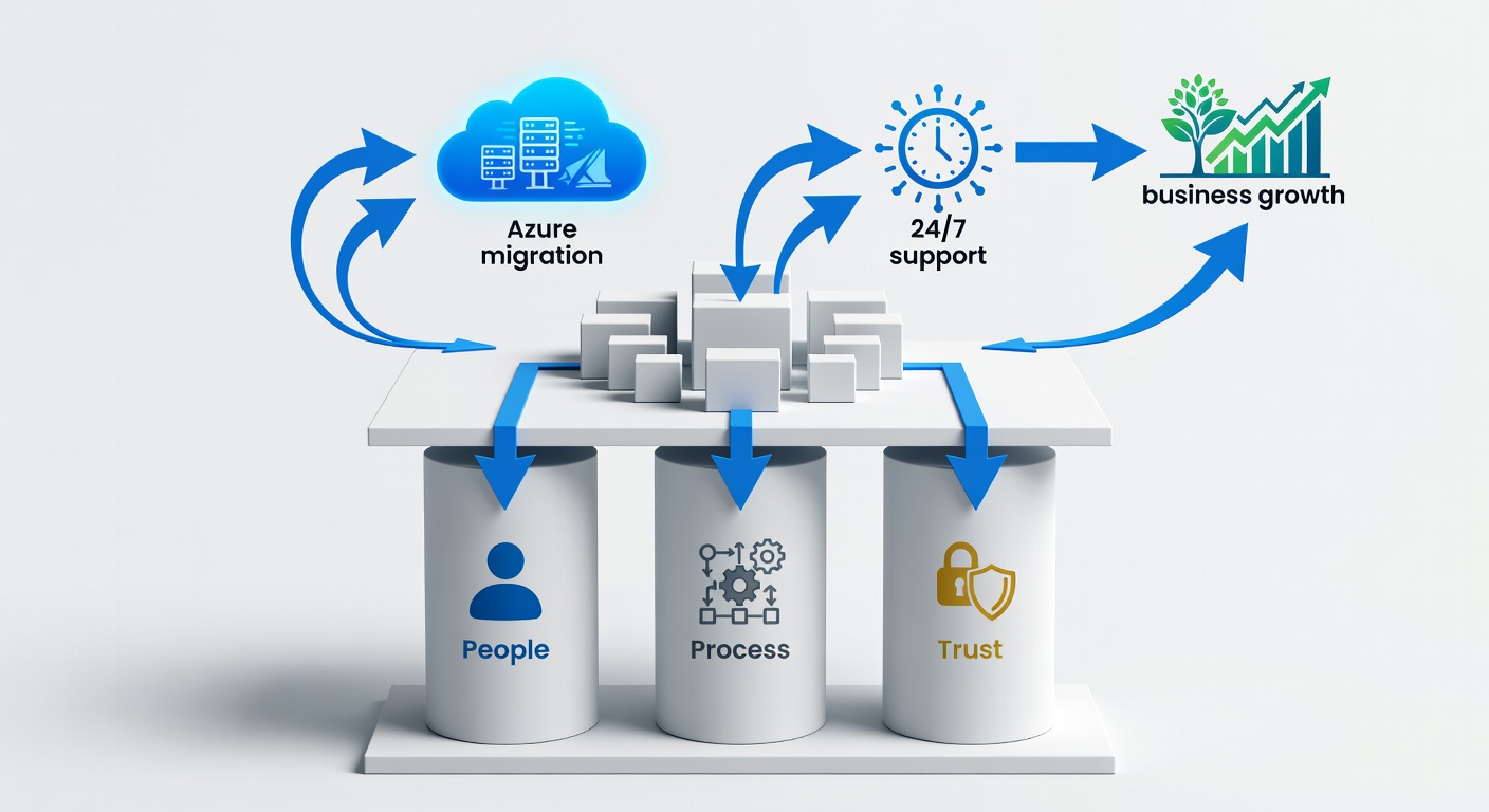 Clean educational diagram illustrating the three pillars of People, Process, and Trust supporting managed IT service packages for Central Florida businesses, with simple icons and arrows showing how 24/7 support and Azure migration connect to business growth