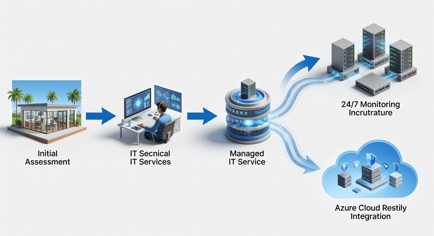 Clean educational diagram showing the flow of managed IT services from initial assessment through 24/7 monitoring and Azure cloud integration for a small business in Central Florida