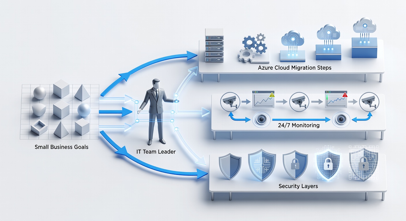 Clean educational flowchart diagram showing how a dedicated IT team leader connects small business goals in Orlando to 24/7 monitoring, Azure cloud migration steps, and security layers