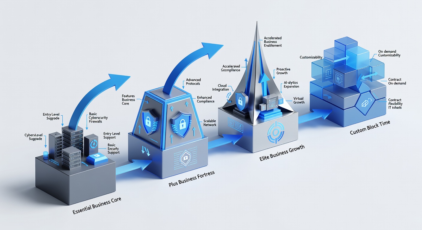 Clean flowchart diagram showing the four-tier managed IT service package progression from Essential Business Core to Elite Business Growth to Plus Business Fortress to Custom Block Time, with arrows indicating feature upgrades, compliance layers, and contract options for Orlando businesses in 2026