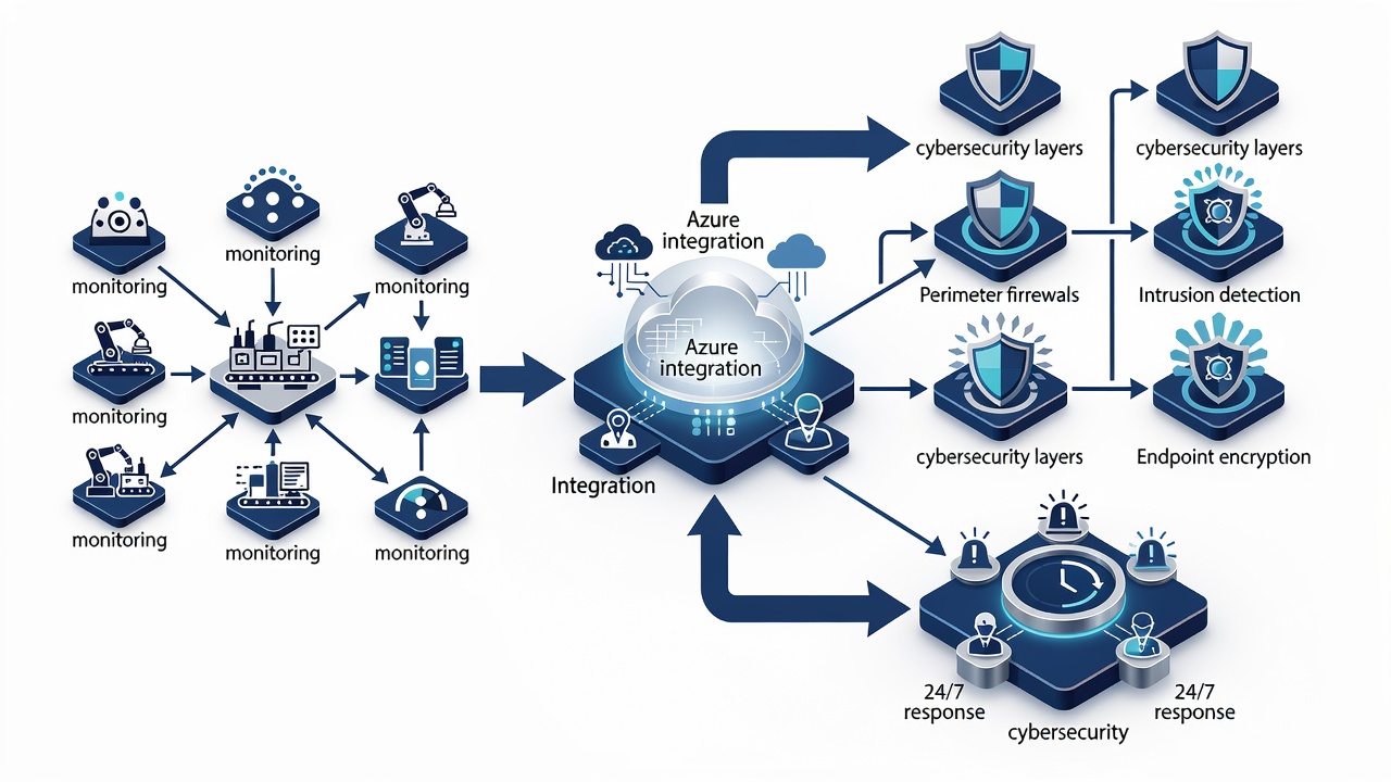 Clean flowchart diagram showing the managed IT service delivery process for Orlando manufacturers including monitoring, Azure integration, cybersecurity layers, and 24/7 response workflow