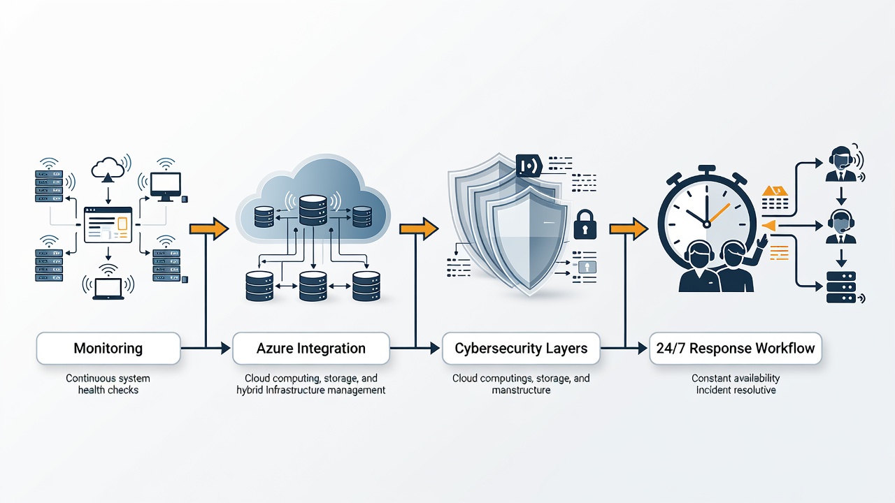 Clean flowchart diagram showing the managed IT service delivery process for Orlando small businesses including monitoring, Azure integration, cybersecurity layers, and 24/7 response workflow