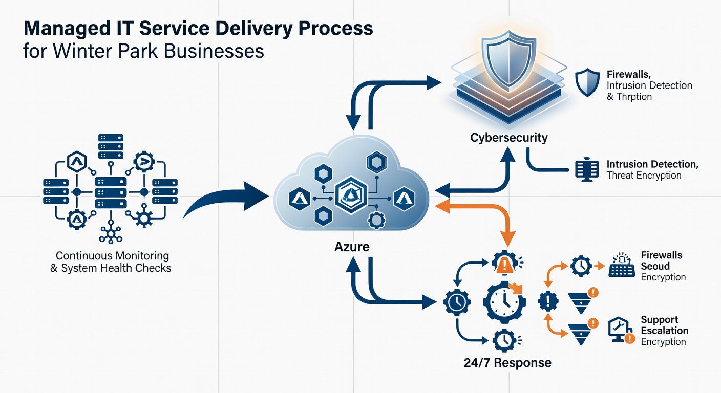 Clean flowchart diagram showing the managed IT service delivery process for Winter Park businesses including monitoring, Azure integration, cybersecurity layers, and 24/7 response workflow