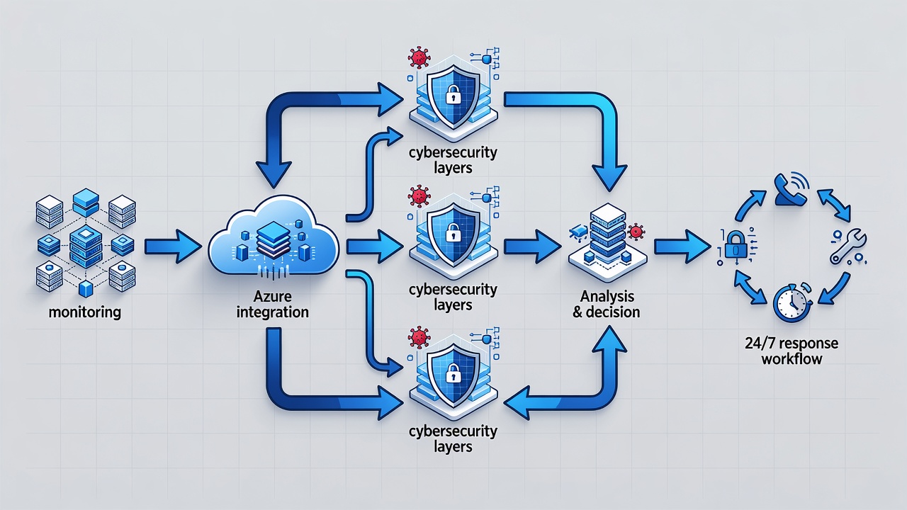 Clean flowchart diagram showing the managed IT service delivery process for Winter Park businesses including monitoring, Azure integration, cybersecurity layers, and 24/7 response workflow