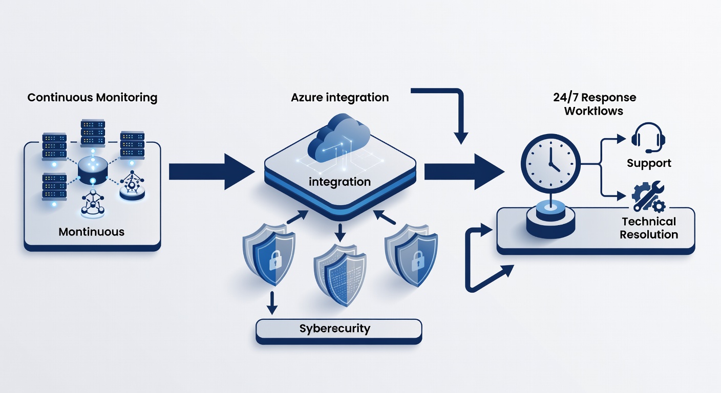Clean flowchart diagram showing the managed IT service delivery process for Winter Park businesses including monitoring, Azure integration, cybersecurity layers, and 24/7 response workflow