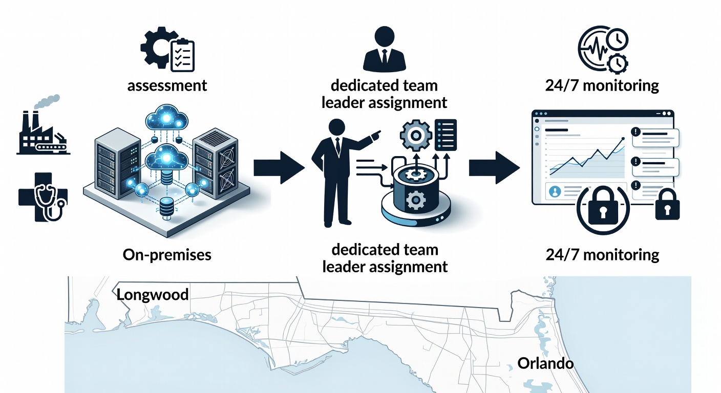 Clean flowchart diagram showing the three-step Azure hybrid migration process for manufacturing and healthcare firms in Central Florida with assessment, dedicated team leader assignment, and 24/7 monitoring stages plus manufacturing and healthcare icons and Longwood to Orlando service area labels