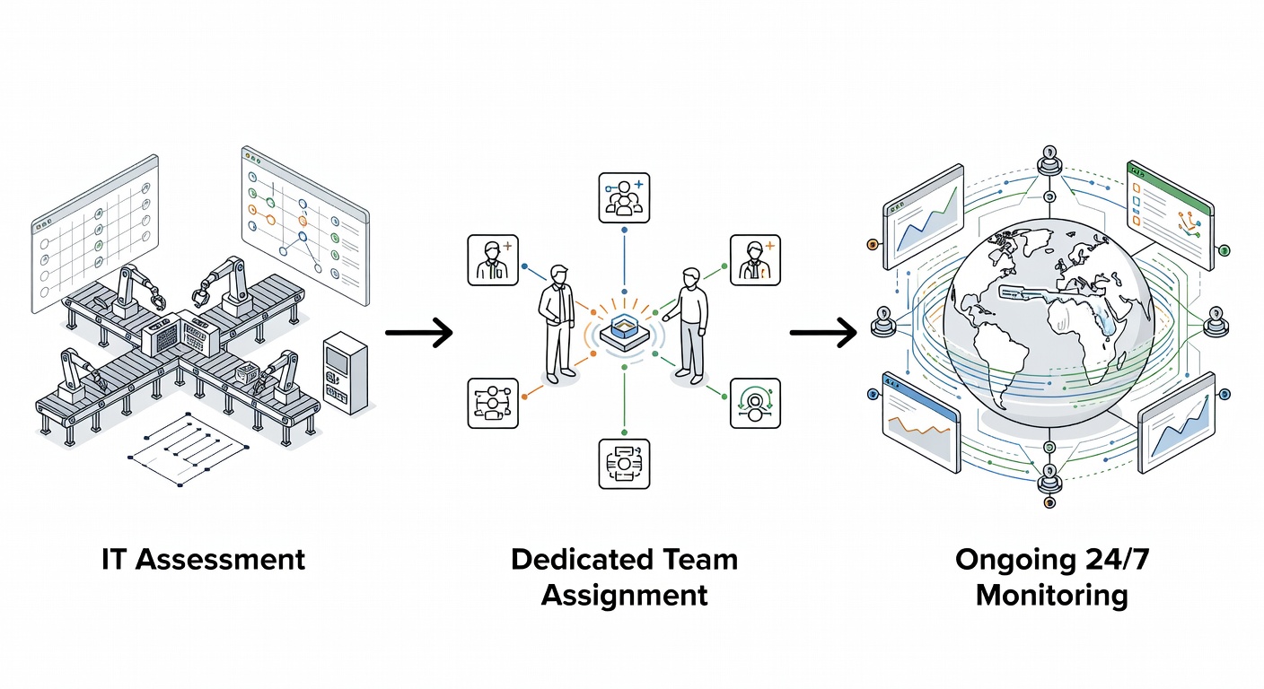 Clean flowchart diagram showing the three-step process of IT assessment, dedicated team assignment, and ongoing 24/7 monitoring tailored for manufacturing firms in Maitland Florida