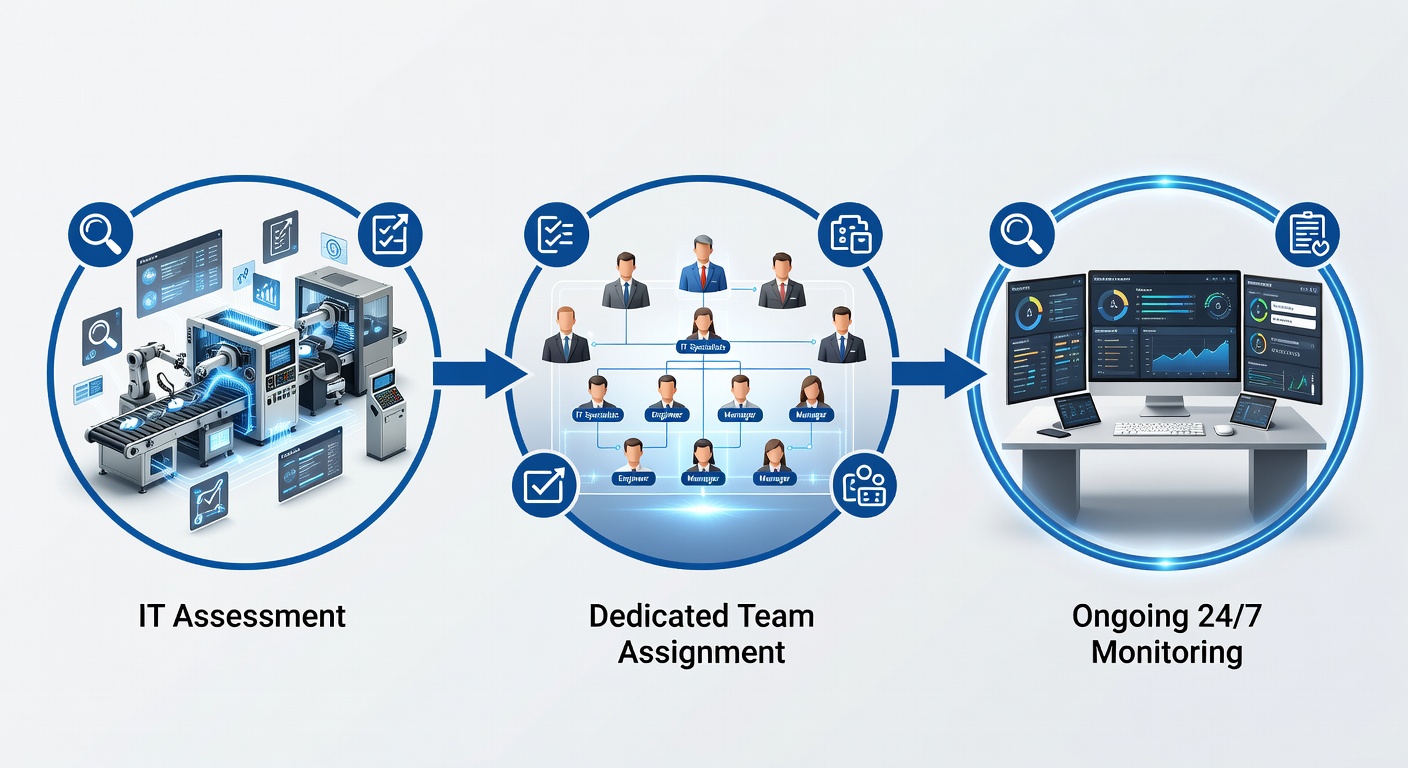 Clean flowchart diagram showing the three-step process of IT assessment, dedicated team assignment, and ongoing 24/7 monitoring tailored for manufacturing firms in Maitland Florida