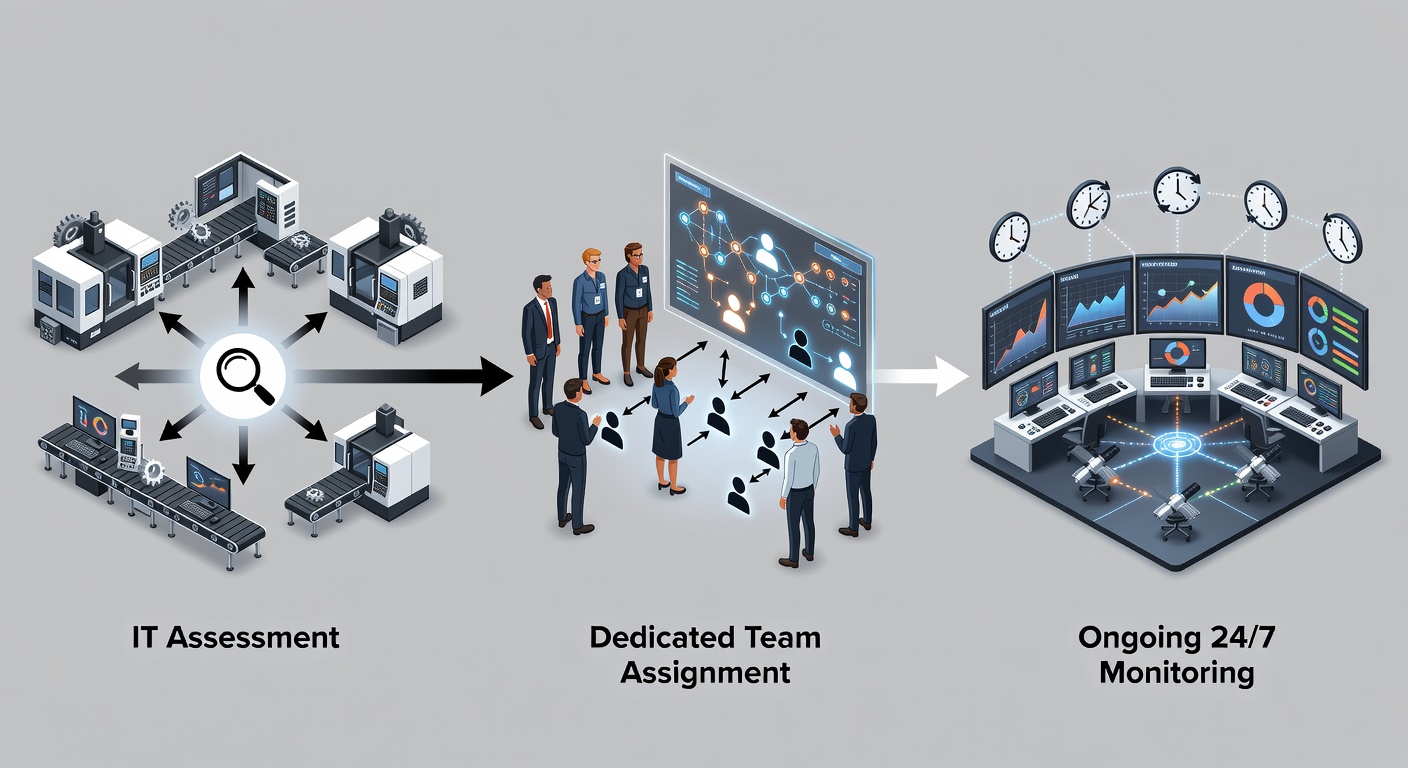 Clean flowchart diagram showing the three-step process of IT assessment, dedicated team assignment, and ongoing 24/7 monitoring tailored for manufacturing firms in Maitland Florida