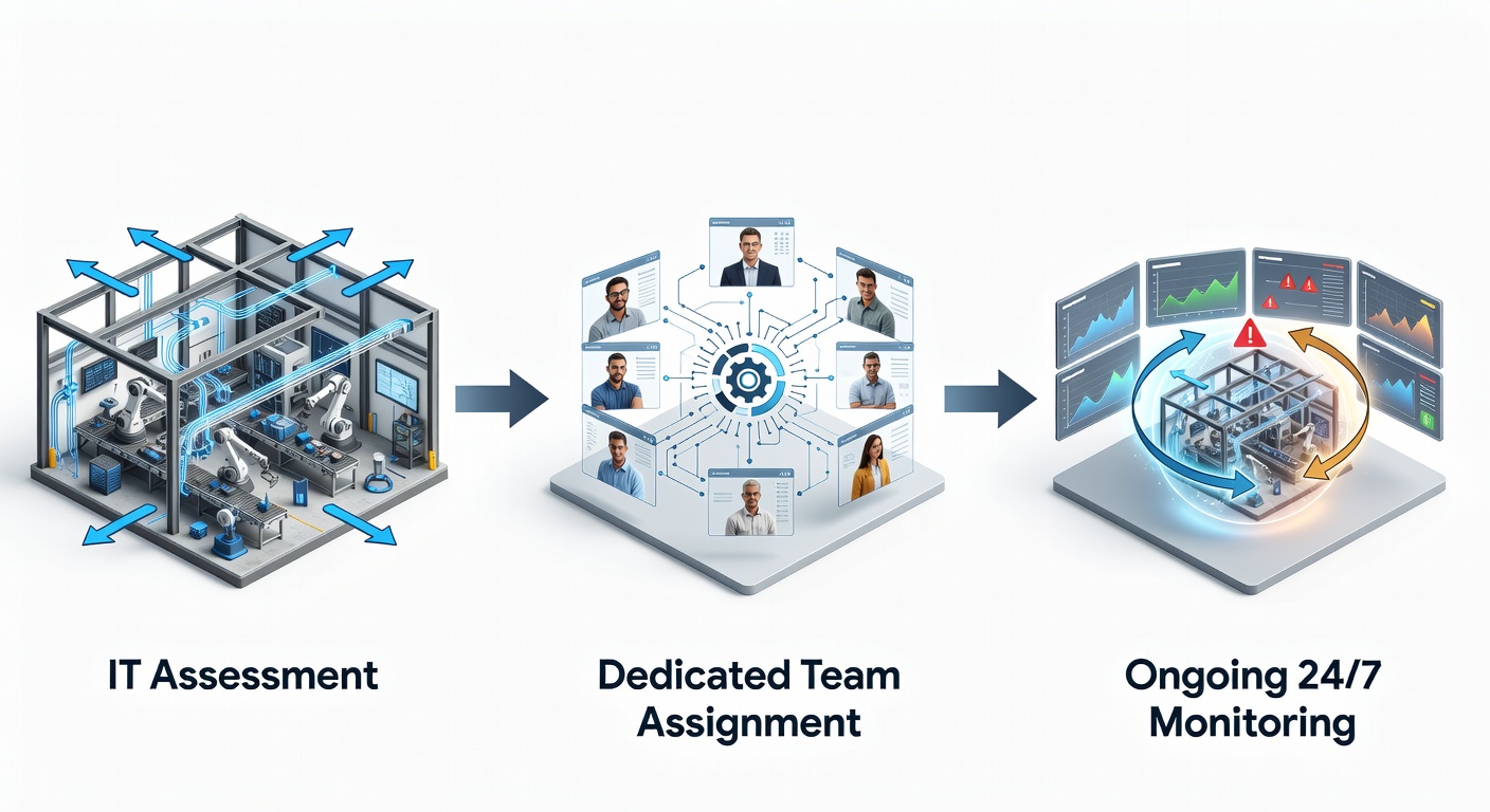Clean flowchart diagram showing the three-step process of IT assessment, dedicated team assignment, and ongoing 24/7 monitoring tailored for manufacturing firms in Maitland Florida